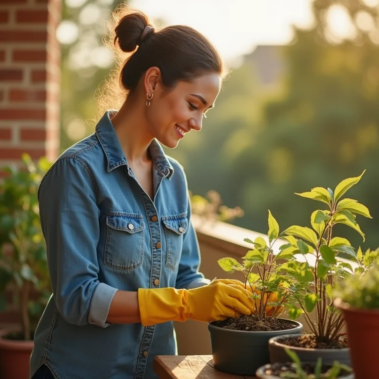 Mulher cuidando de sua horta em vasos de feltro na varanda.