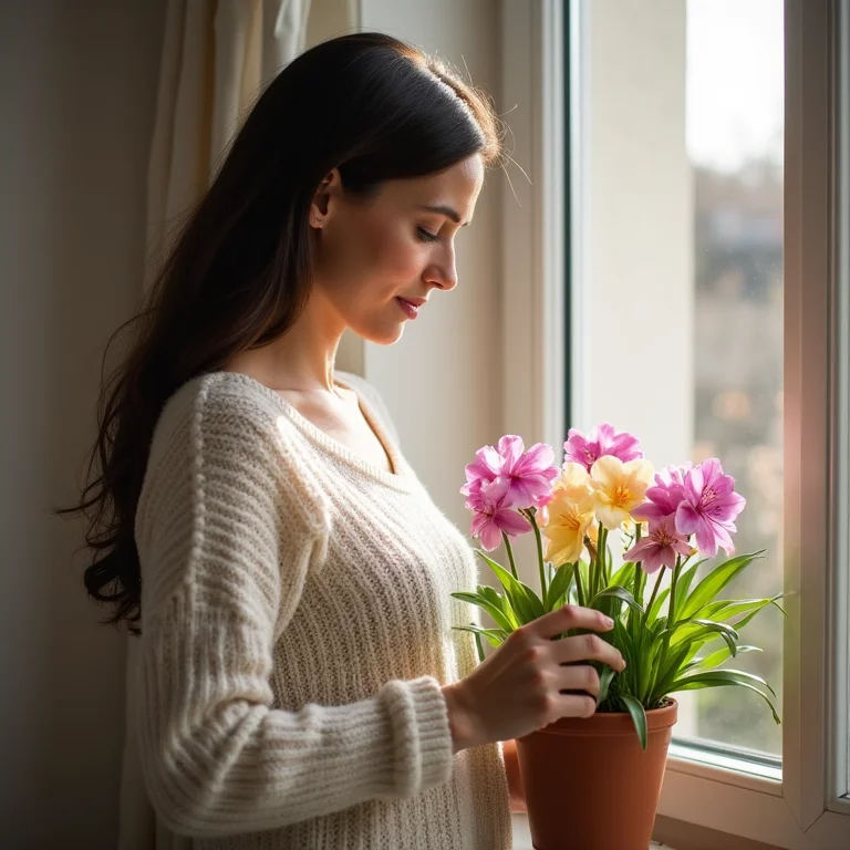 Mulher cuidando de suas frésias em vaso, garantindo os cuidados essenciais para um crescimento saudável