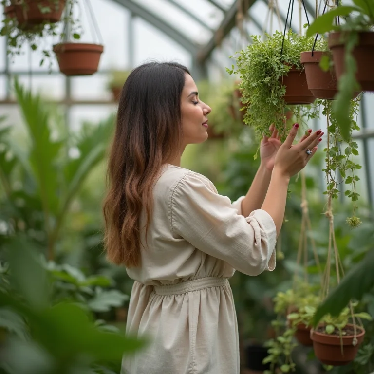 Mulher cuidando de vasos de plantas suspensos em estufa iluminada