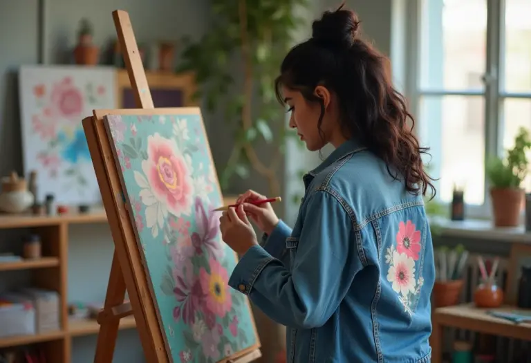 Mulher customizando jaqueta jeans com pintura.