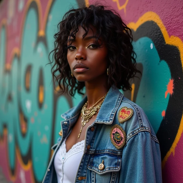 Mulher customizando jaqueta jeans vintage com patches e pins