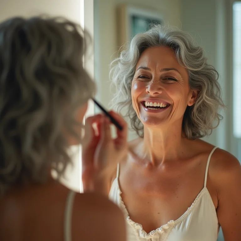Mulher de meia-idade aplicando delineado flutuante com alegria