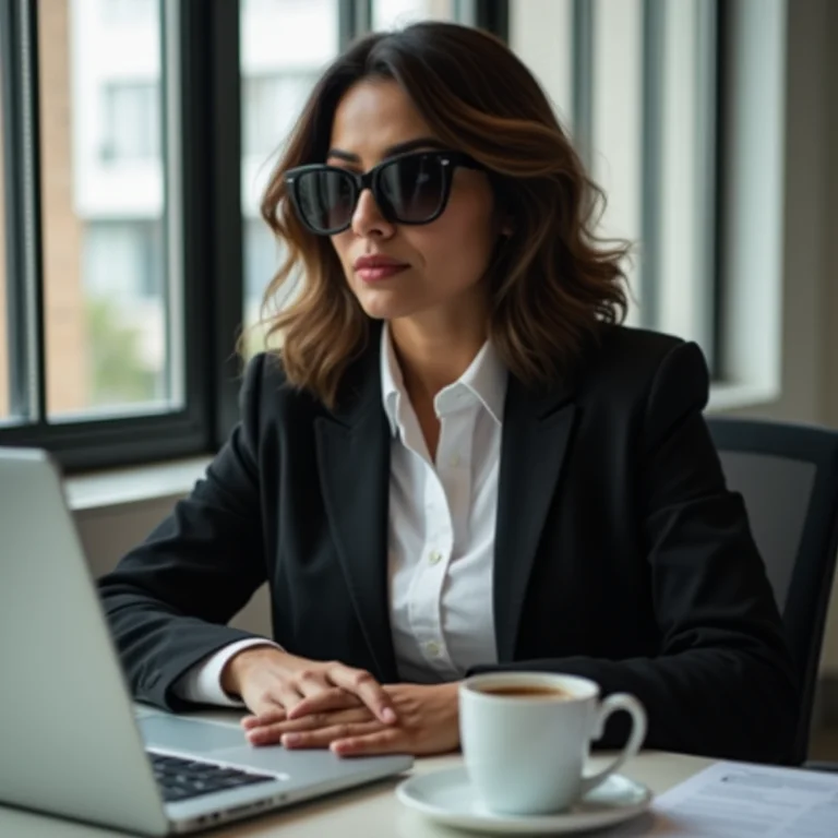 Mulher de meia idade elegante usando blazer preto, camisa branca e óculos gatinho no escritório