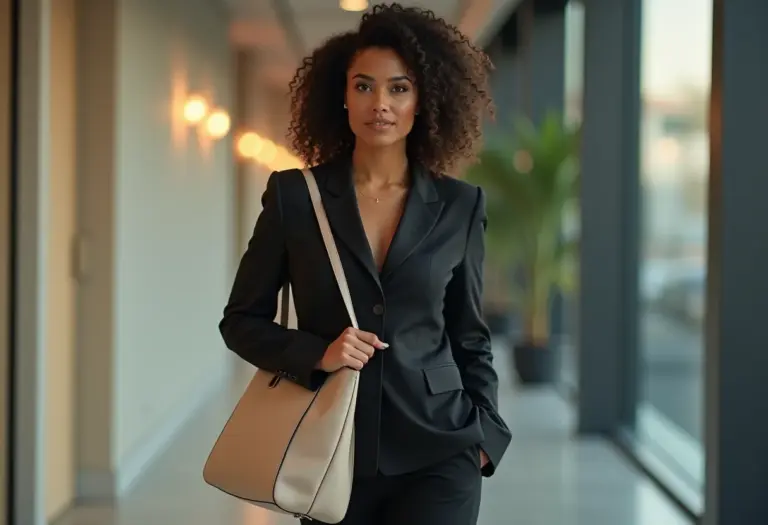 Mulher de negócios elegante com terno preto e bolsa estruturada bege