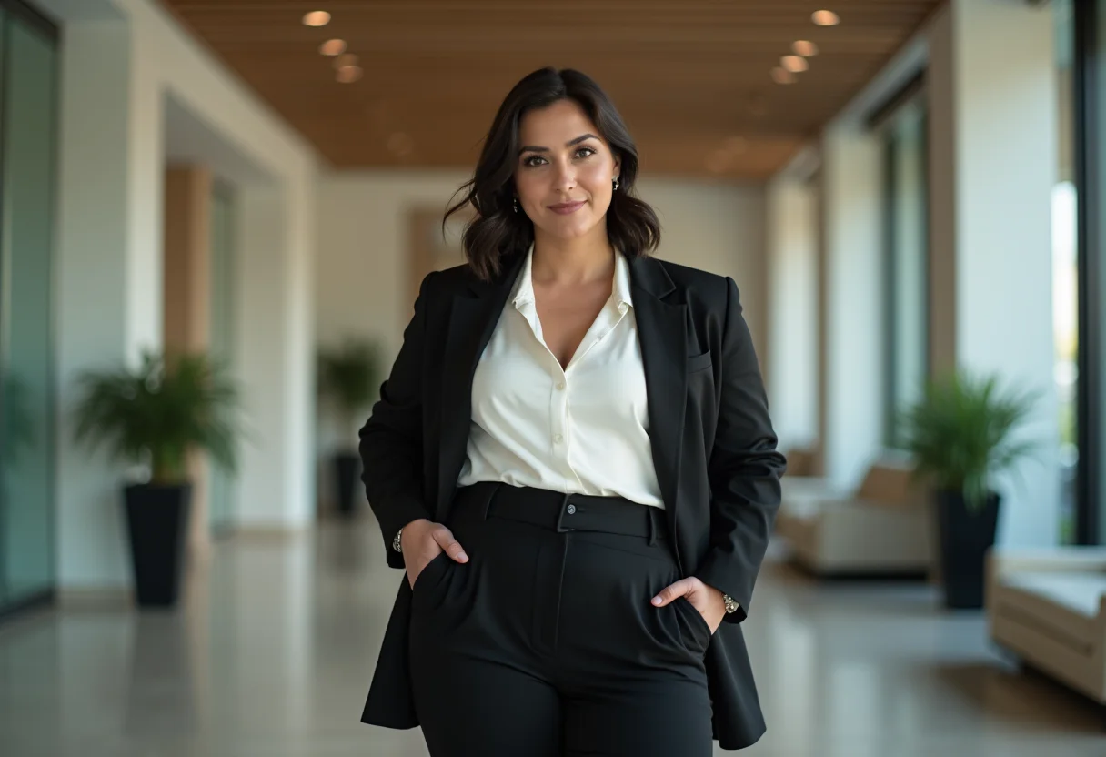 Calça cintura alta vintage: O segredo de estilo que as fashionistas escondem Mulher de negócios latina elegante usando calça preta de cintura alta vintage e blazer em um escritório moderno