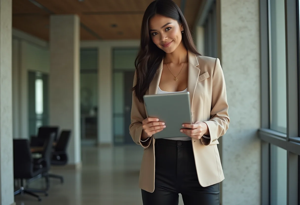 Botas Western Feminina: 5 looks estilosos (e fáceis) de copiar Mulher de negócios latina usando blazer bege, calça de alfaiataria preta e bota western no escritório