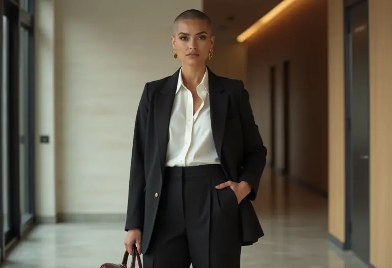 Mulher de negócios latina usando blazer preto, camisa de seda branca e calça de alfaiataria