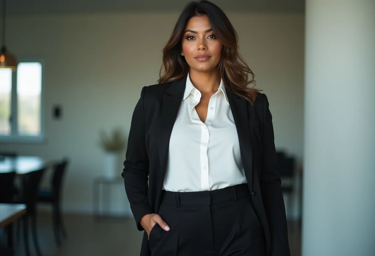 Blusa Ciganinha: Truques de styling para arrasar no visual Mulher de negócios latina usando blusa ciganinha branca com calças pretas e blazer em ambiente de escritório moderno
