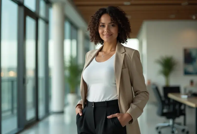 Mulher de negócios latina usando camiseta branca, calça preta e blazer bege em ambiente de escritório