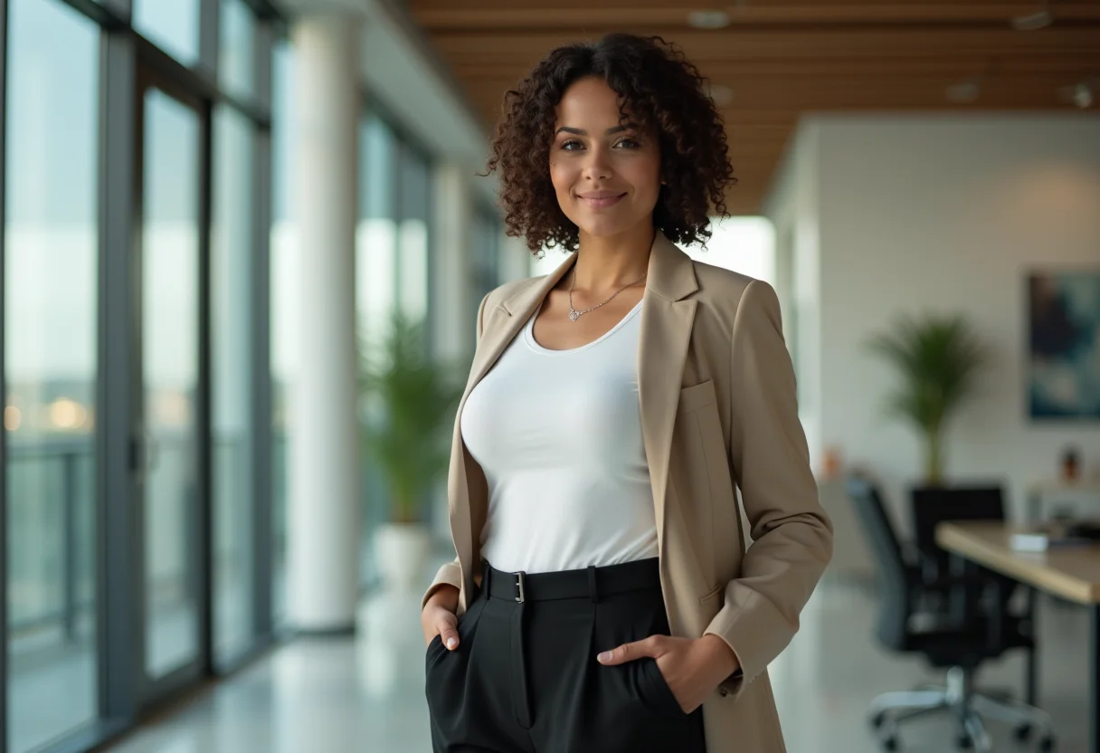 Camiseta branca básica: 7 looks estilosos (e fáceis) para você copiar Mulher de negócios latina usando camiseta branca, calça preta e blazer bege em ambiente de escritório