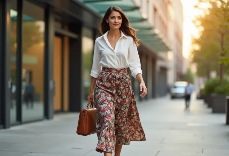 Mulher de negócios latina usando saia longa estampada com blusa de seda e salto alto