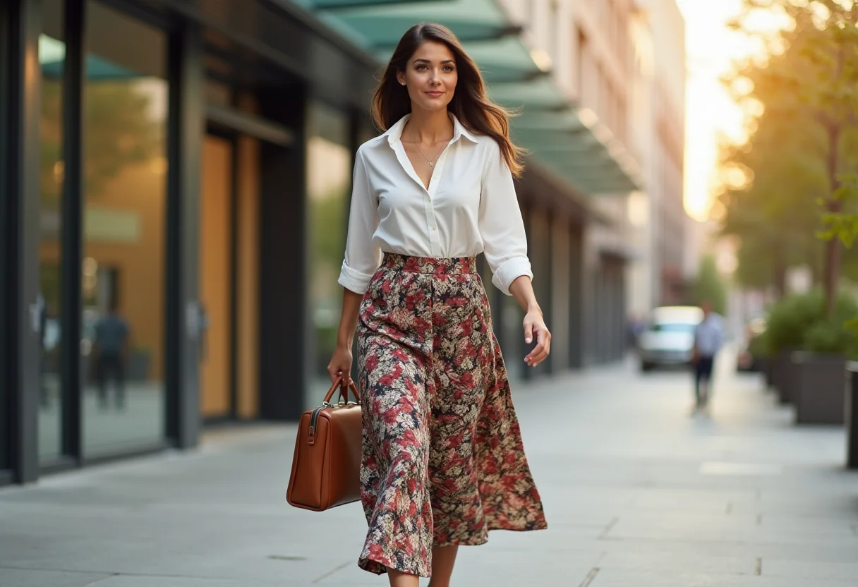 Saia longa estampada: 7 looks incríveis para você arrasar Mulher de negócios latina usando saia longa estampada com blusa de seda e salto alto