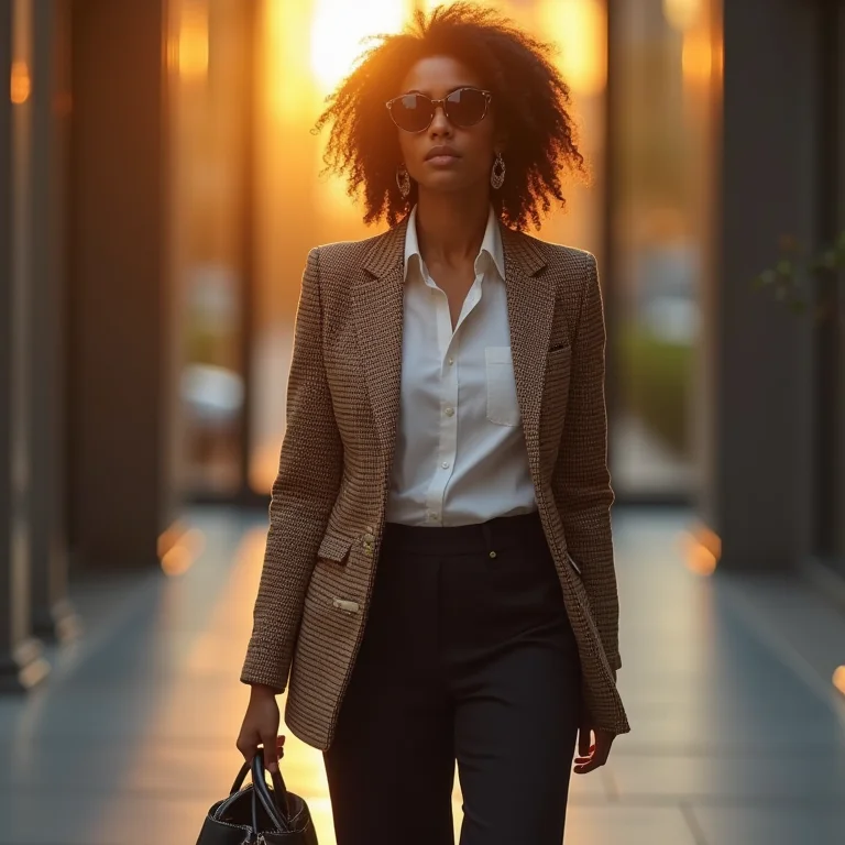 Mulher de negócios usando blazer com estampa vichy e calça de alfaiataria preta