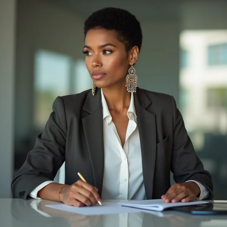 Mulher de negócios usando blazer e maxi brincos artesanais no escritório