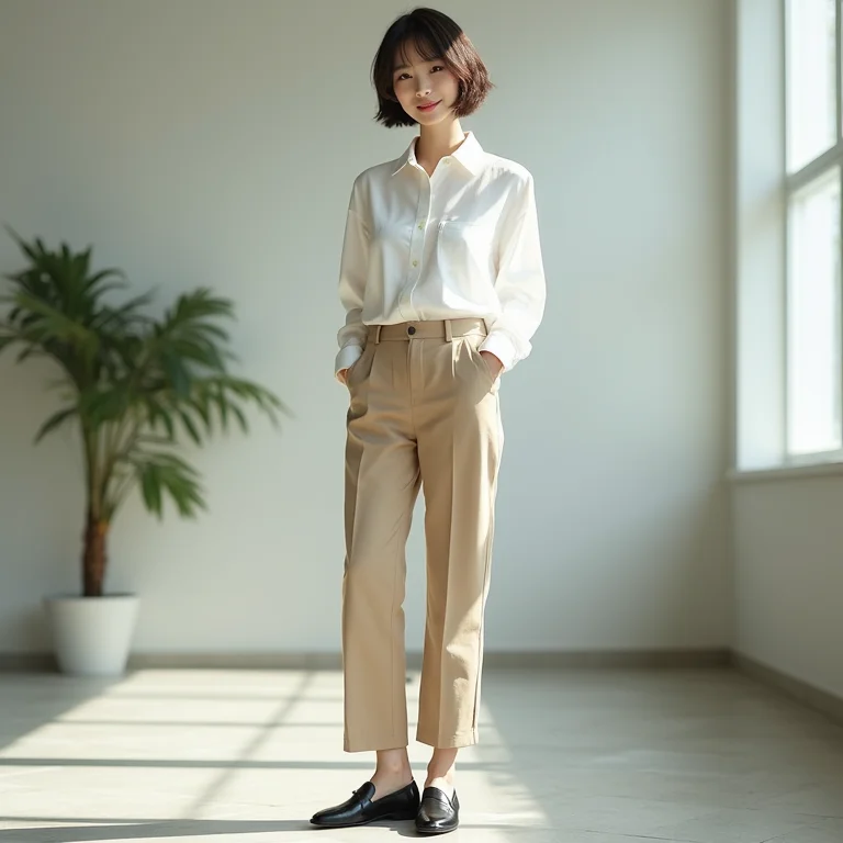 Mulher de negócios usando calça de alfaiataria bege e camisa branca em ambiente de trabalho