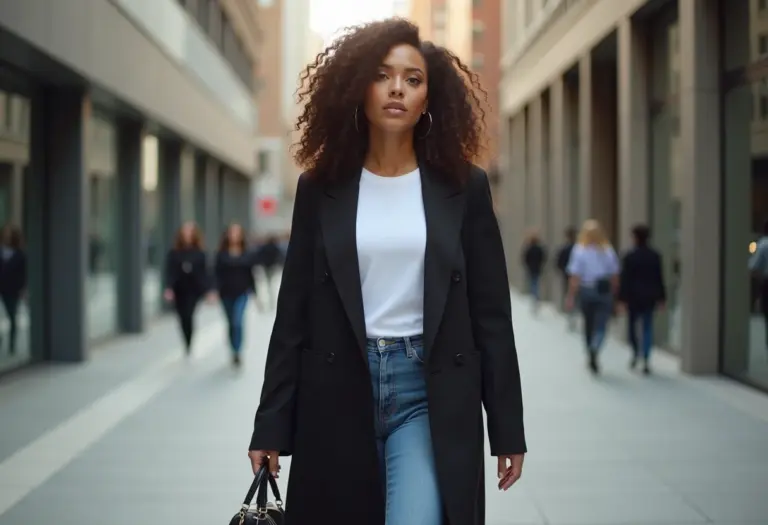Mulher de tamanho médio e estilosa usando blazer preto alongado, jeans e camiseta branca para o trabalho
