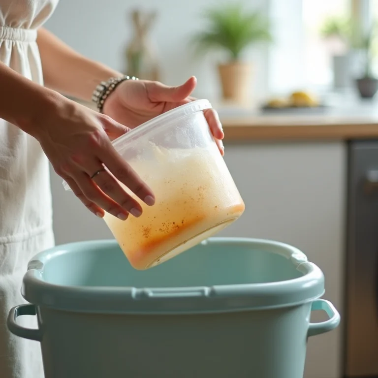 Mulher descartando pote plástico danificado em lixeira de reciclagem.