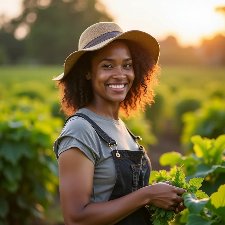 Mulher diversa trabalhando em uma fazenda sustentável, representando condições de trabalho dignas.