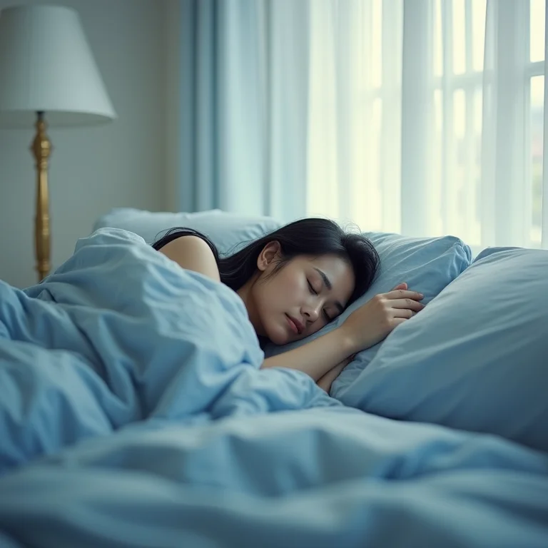 Mulher dormindo em cama com lençóis azuis em quarto com decoração minimalista