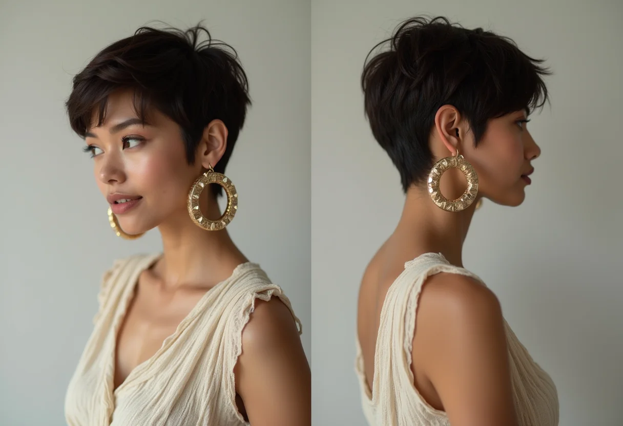 Como Combinar Brincos de Argola Grandes com Cabelo Curto: Guia! Mulher elegante com cabelo curto usando brincos de argola grandes