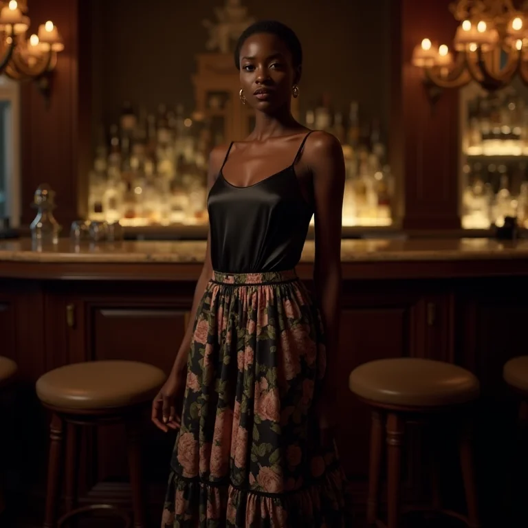 Mulher elegante com saia longa floral e blusa de seda preta em um bar sofisticado
