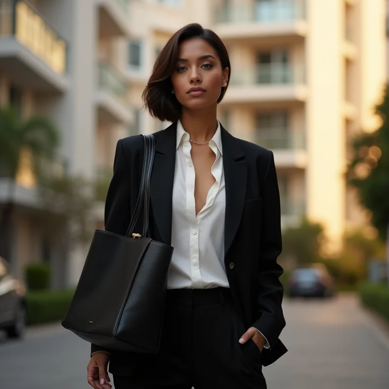 Mulher elegante usando blazer preto e calça de alfaiataria em frente a prédio moderno