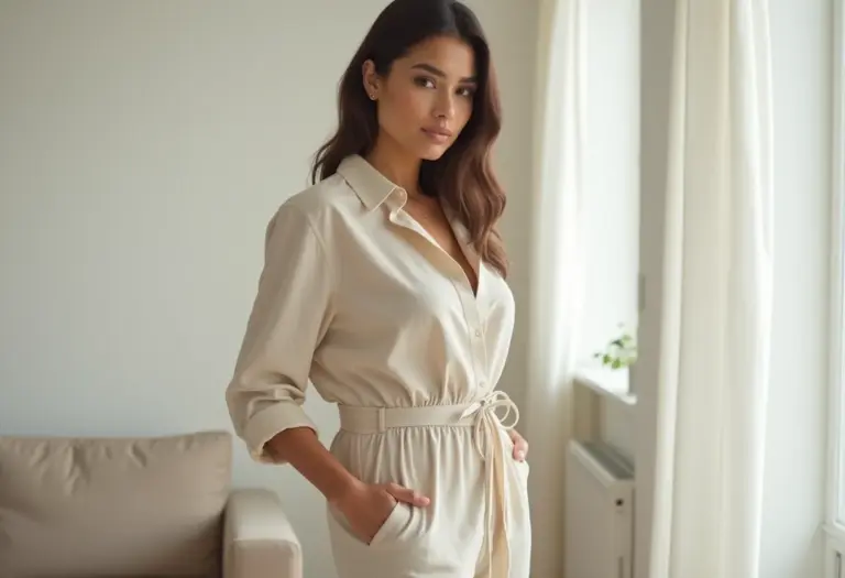 Mulher elegante usando macacão de linho bege em sala minimalista