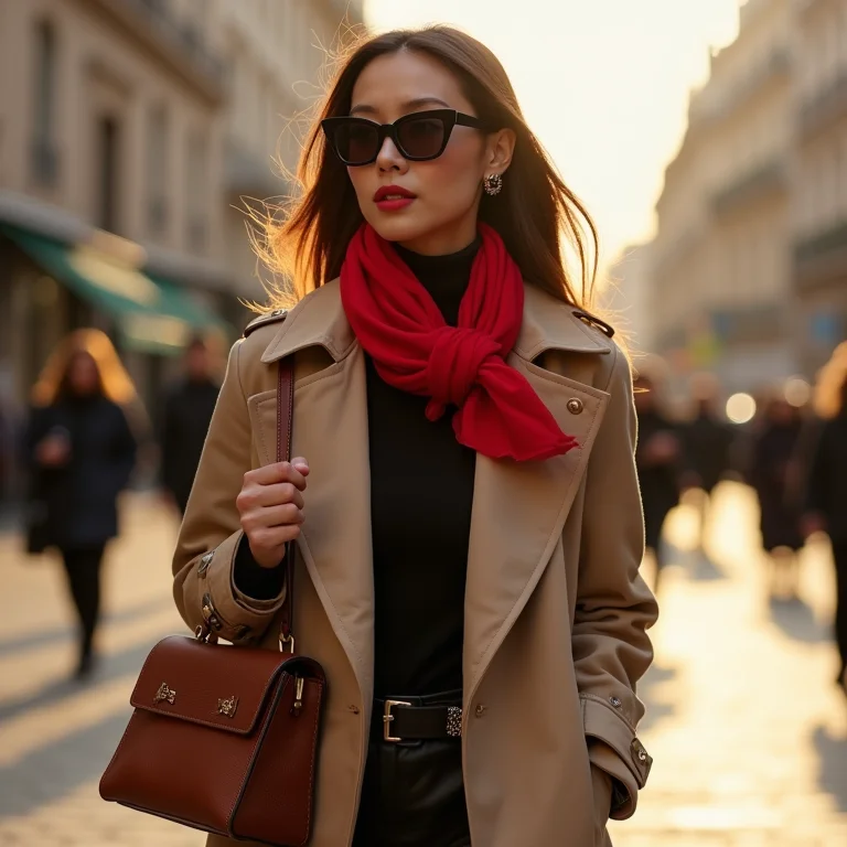 Mulher elegante usando óculos gatinho preto, lenço de seda vermelho e sobretudo bege