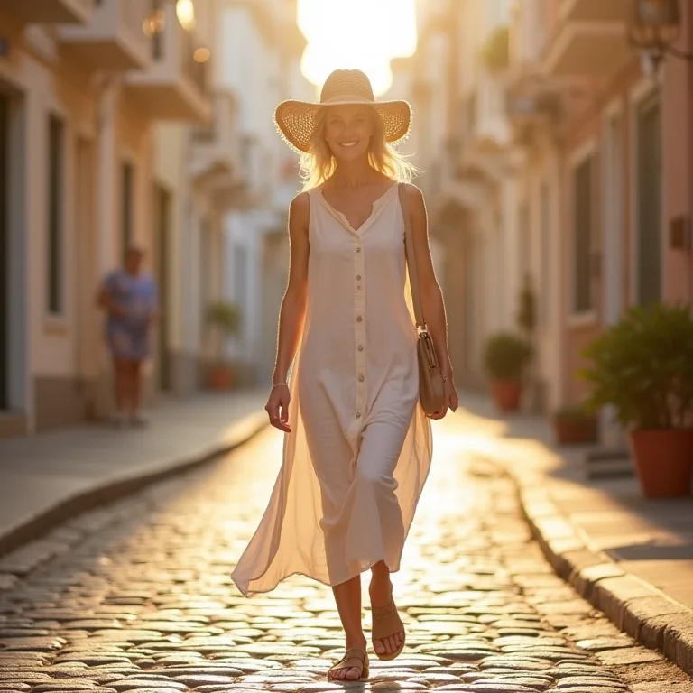 Mulher elegante usando vestido de linho e chapéu de palha para um look casual