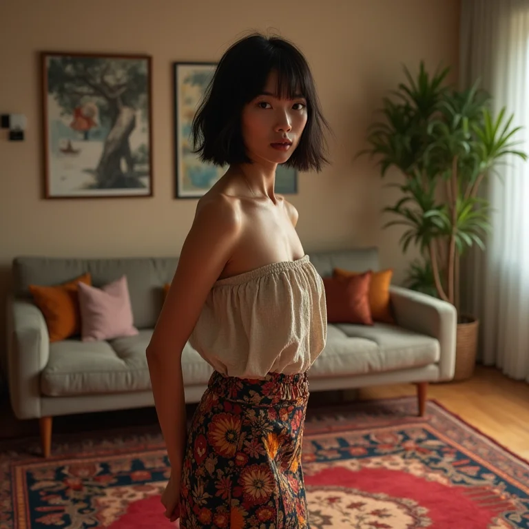 Mulher em sala de estar moderna com tapete de estilo incompatível com a decoração