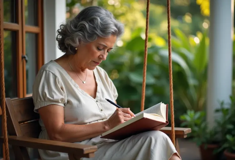 Mulher escrevendo cordel em varanda ensolarada