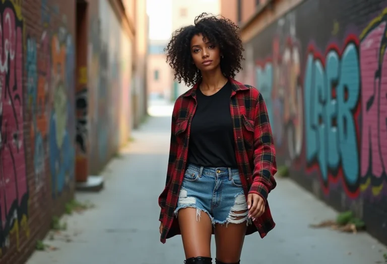 Mulher estilosa com camisa de flanela grunge e shorts jeans rasgados