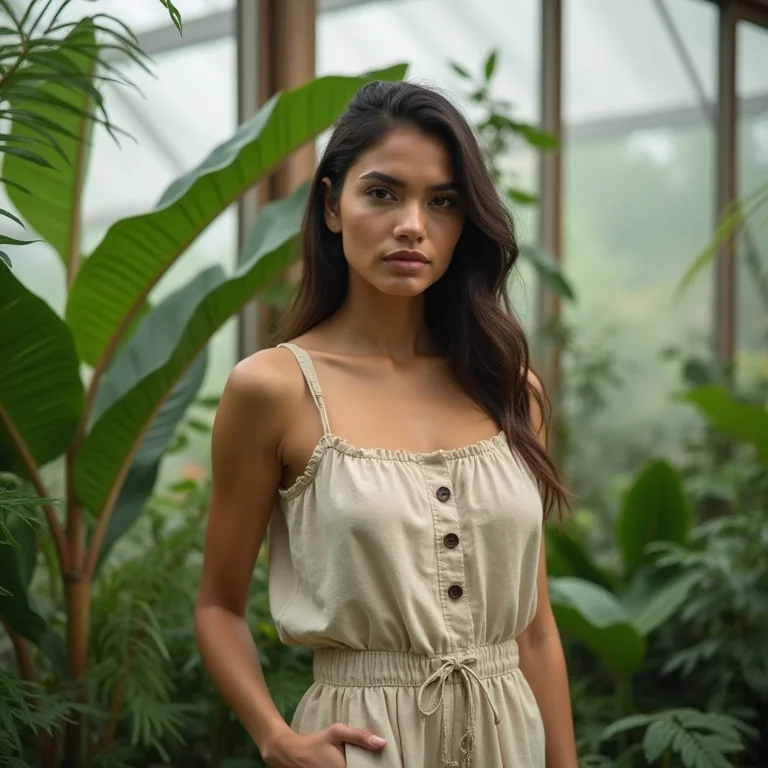 Mulher estilosa com macacão de linho em estufa repleta de plantas amazônicas.