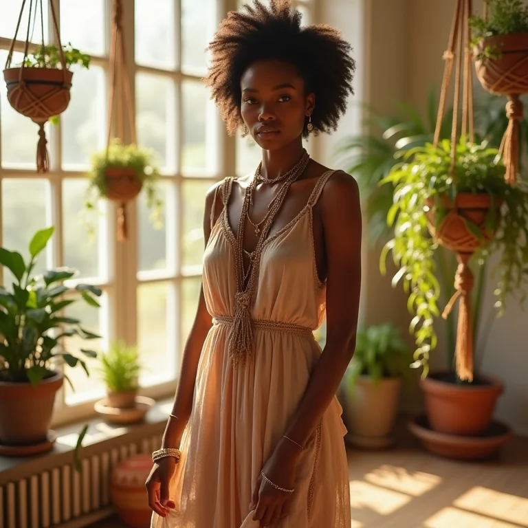 Mulher estilosa em sala de estar iluminada com vasos de macramê pendurados.