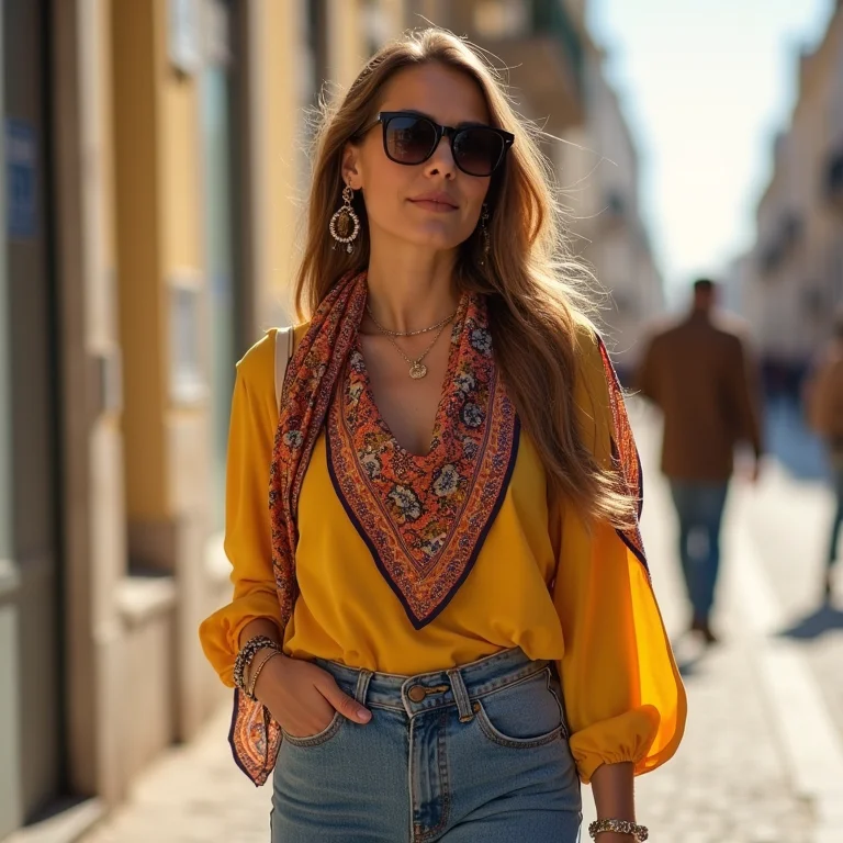 Mulher estilosa usando lenço de seda vintage como top e jeans de cintura alta