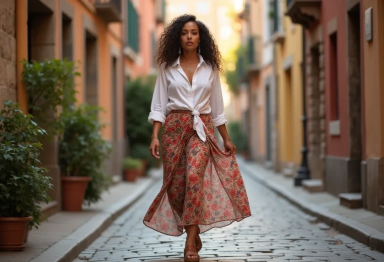 Mulher estilosa usando saia longa floral, camisa de linho branca e sandálias de couro marrom