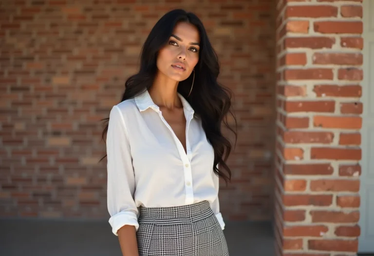 Mulher estilosa usando saia midi estampada com vichy e camisa de linho branca