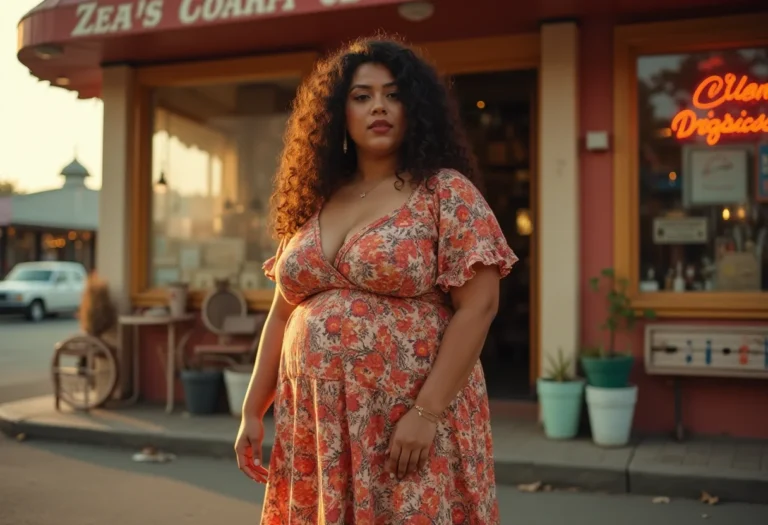 Mulher estilosa usando vestido floral vintage dos anos 70 e sapatos de plataforma