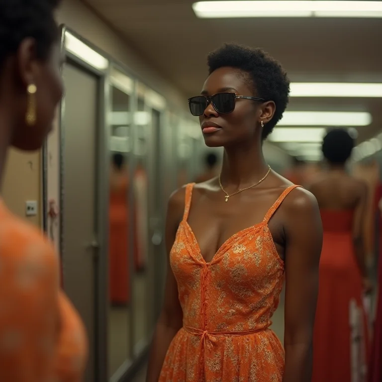 Mulher experimentando vestido vintage em provador de brechó