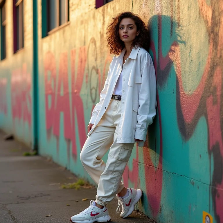 Mulher Gen Z usando camisa de sarja de algodão branca como jaqueta com calça cargo