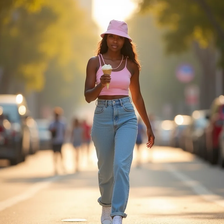 Mulher Gen Z vestindo crop top rosa pastel e jeans azul bebê de cintura alta para um look casual.