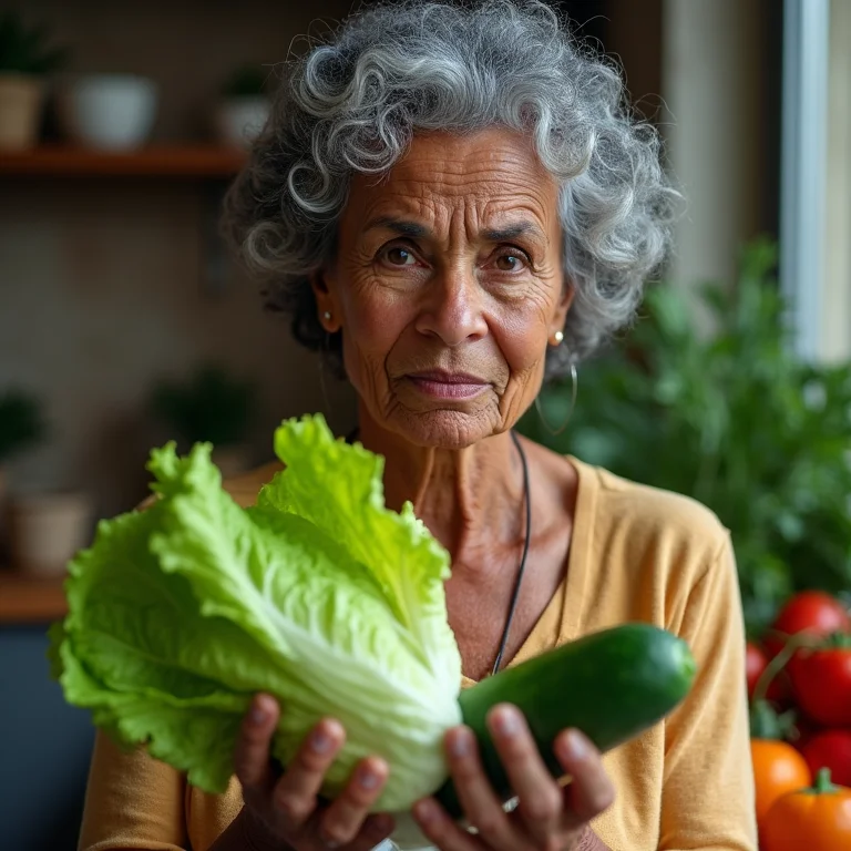 Mulher idosa segurando vegetais impróprios para congelamento.
