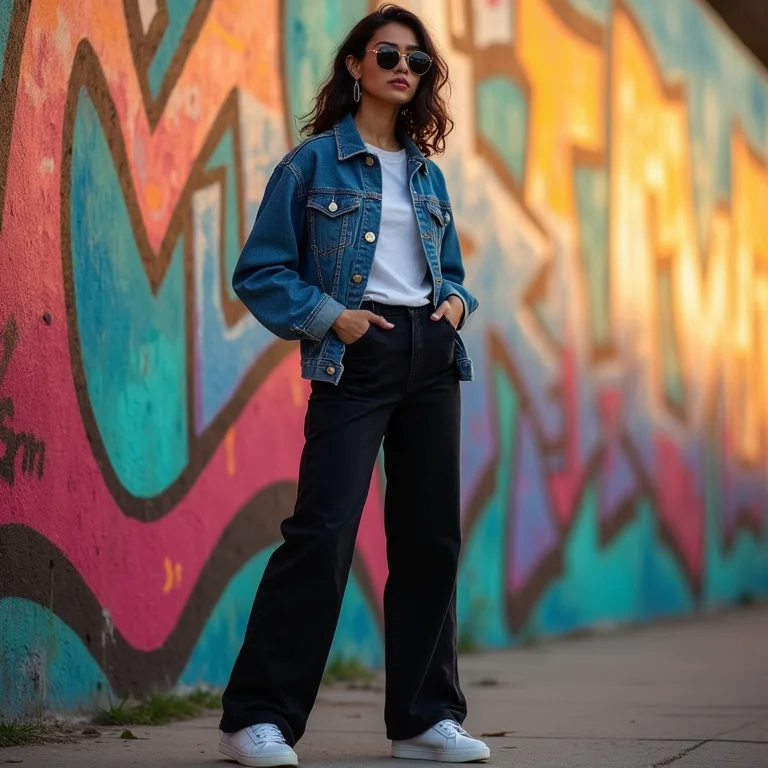 Mulher indiana com jaqueta jeans upcycled da marca Re Roupa