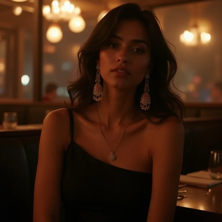 Mulher indiana com vestido preto e maxi brincos artesanais em restaurante elegante