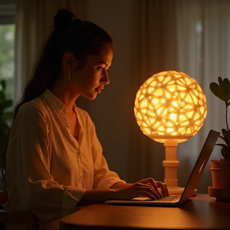 Mulher indiana trabalhando com luminária de mesa DIY feita com canos de PVC