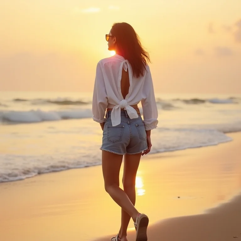 Mulher indiana usando camisa branca de algodão amarrada na cintura com shorts jeans