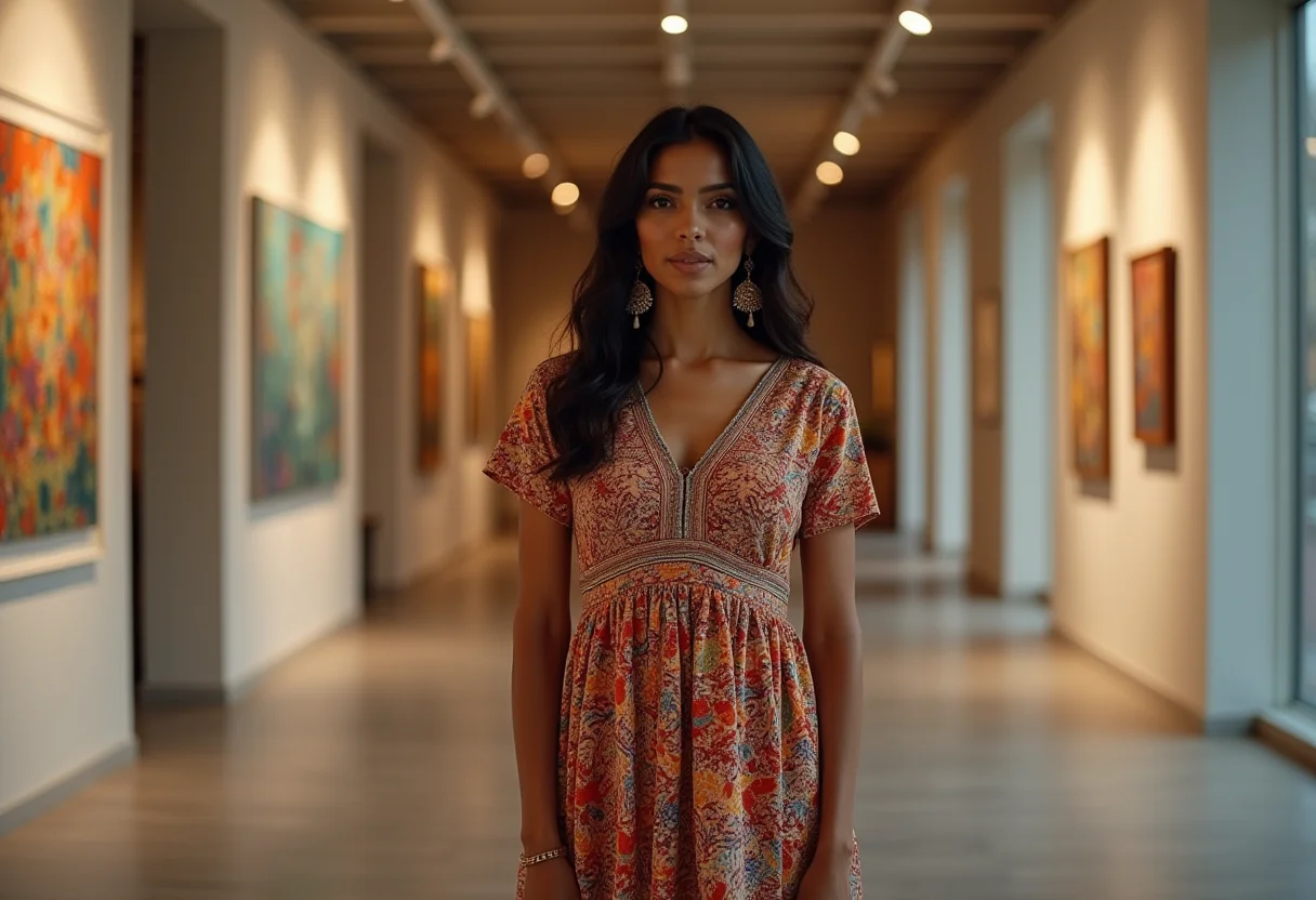 Estampas Étnicas: o truque de styling que alonga a silhueta Mulher indiana vestindo um vestido com estampa étnica vibrante em galeria de arte