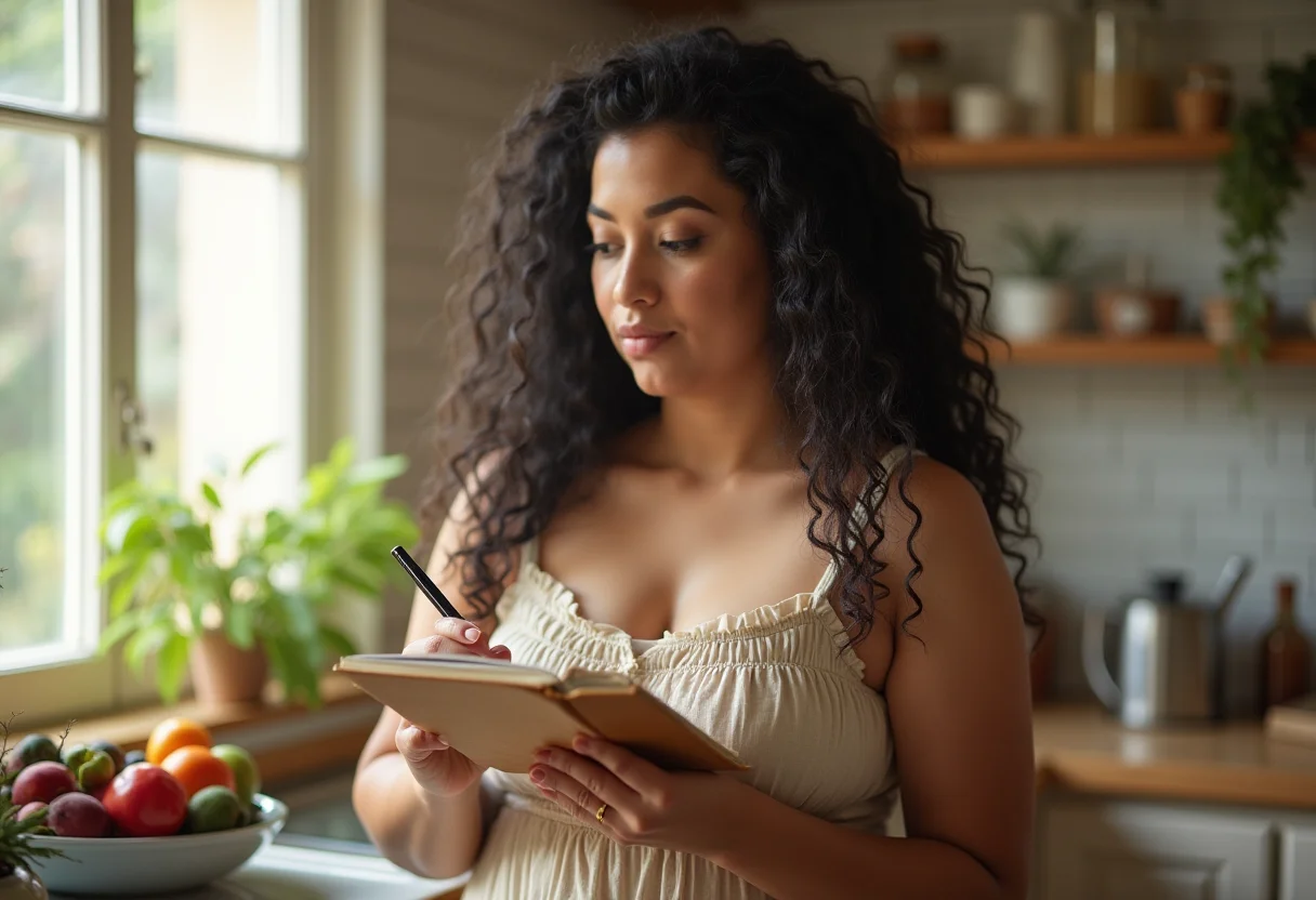 Sensibilidade alimentar: o teste crucial que você precisa fazer Mulher indígena analisando frutas e diário alimentar.