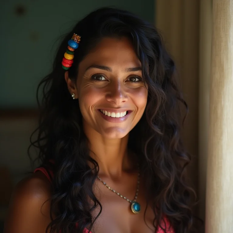 Mulher indígena brasileira com acessórios de cabelo coloridos.