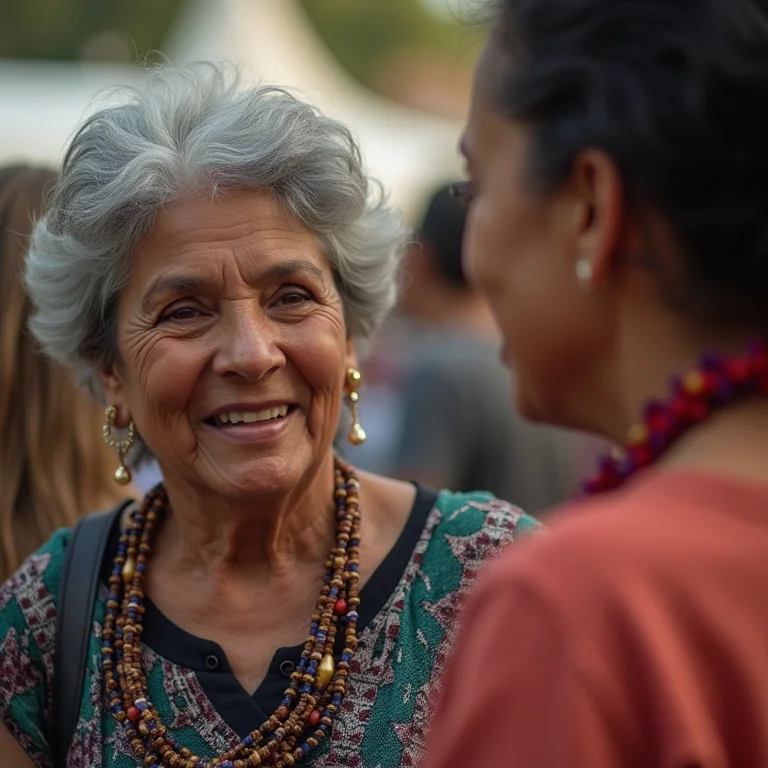 Mulher indígena brasileira madura iniciando conversa com mulher mais jovem.
